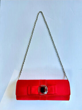 Crimson Red Satin Holiday Bow Rhinestone Evening Clutch - Detachable Chain Strap